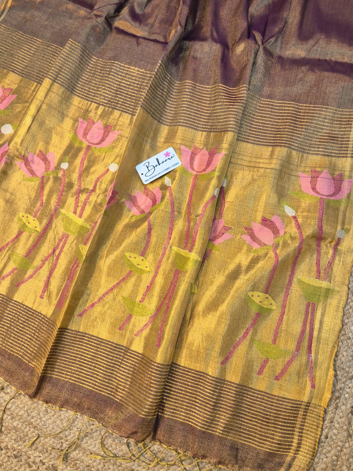 Springtime Serenity | Metallic Gold Tissue Linen Saree with Paithani Motif
