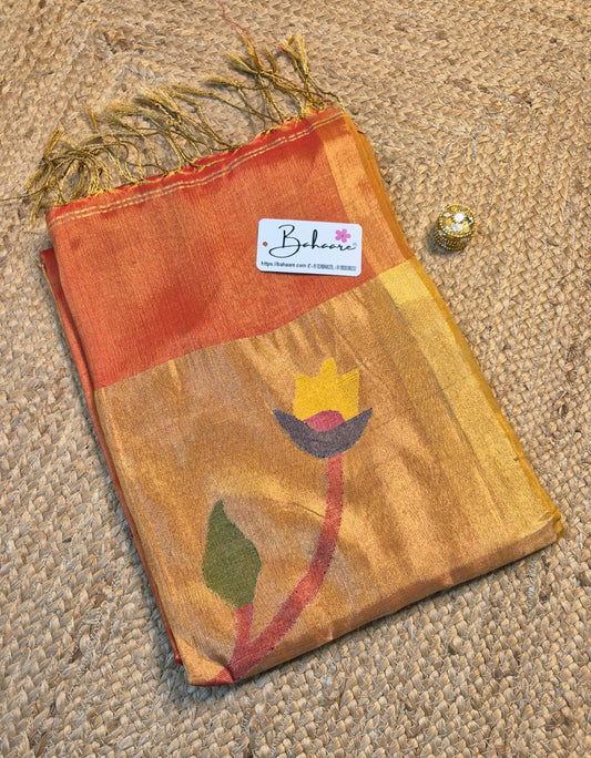 Springtime Serenity | Sunset Orange Tissue Linen Saree with Paithani Motif