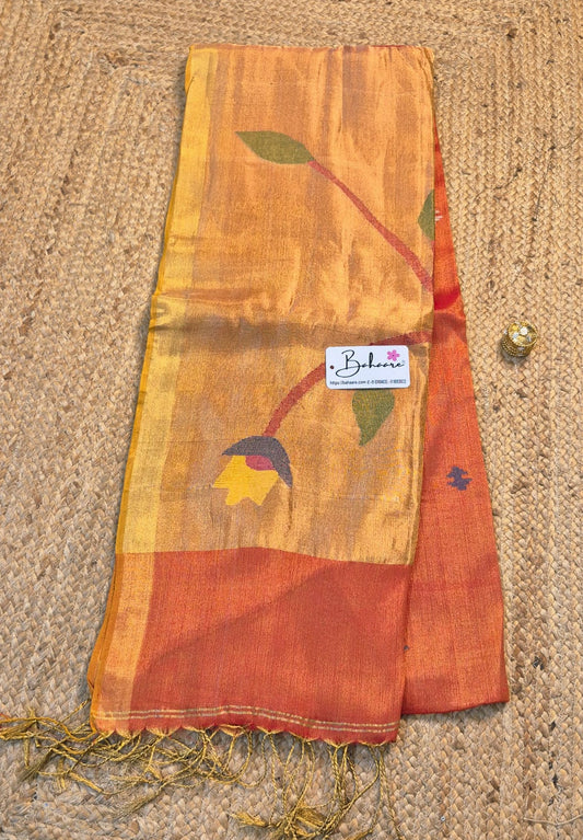 Springtime Serenity | Sunset Orange Tissue Linen Saree with Paithani Motif
