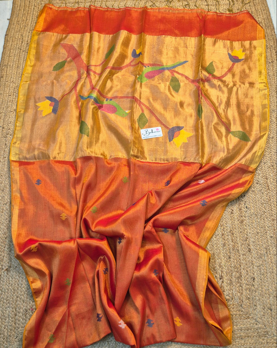 Springtime Serenity | Sunset Orange Tissue Linen Saree with Paithani Motif