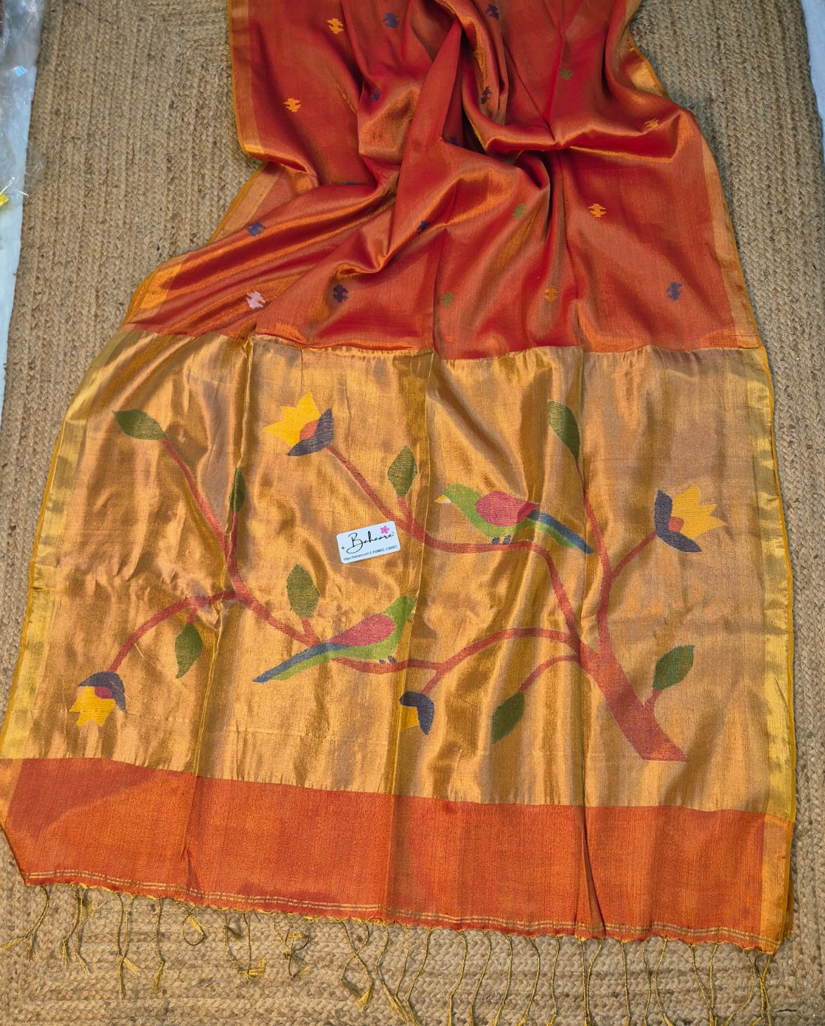 Springtime Serenity | Sunset Orange Tissue Linen Saree with Paithani Motif