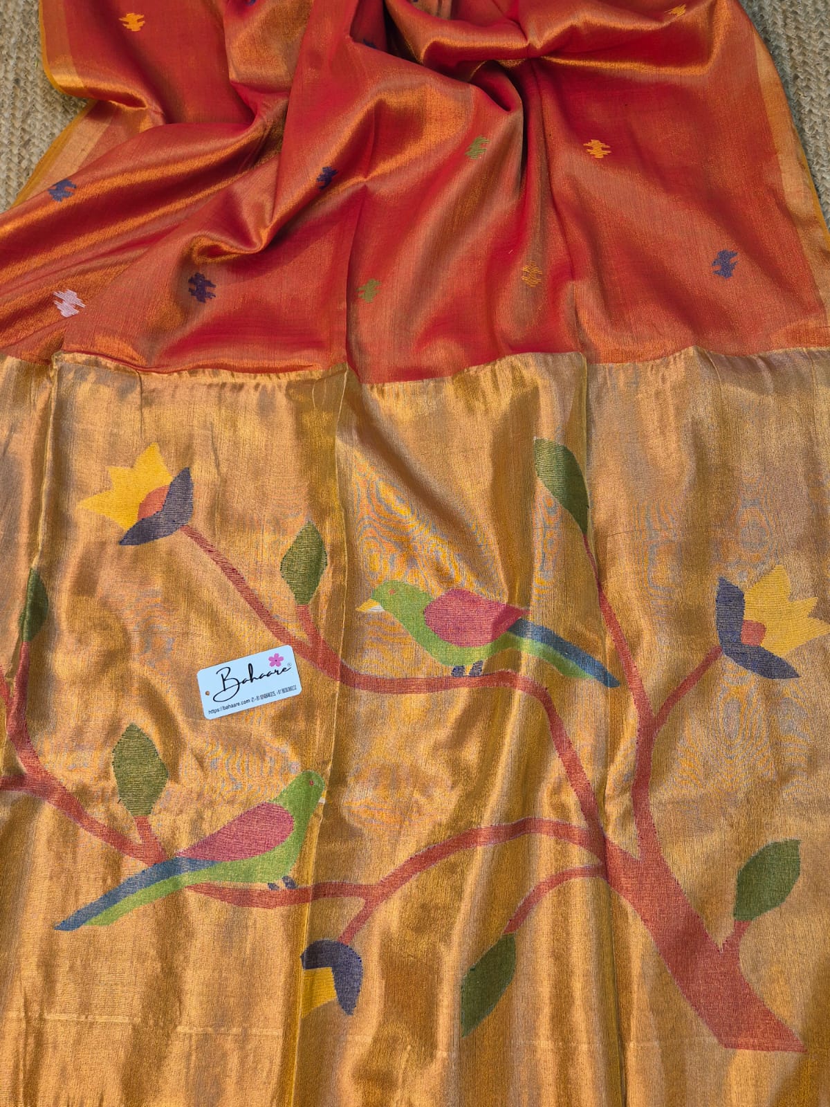 Springtime Serenity | Sunset Orange Tissue Linen Saree with Paithani Motif