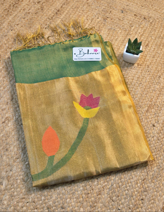 Springtime Serenity | Leafy Radiance Tissue Linen Saree with Paithani Motif