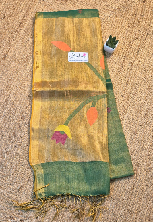Springtime Serenity | Leafy Radiance Tissue Linen Saree with Paithani Motif
