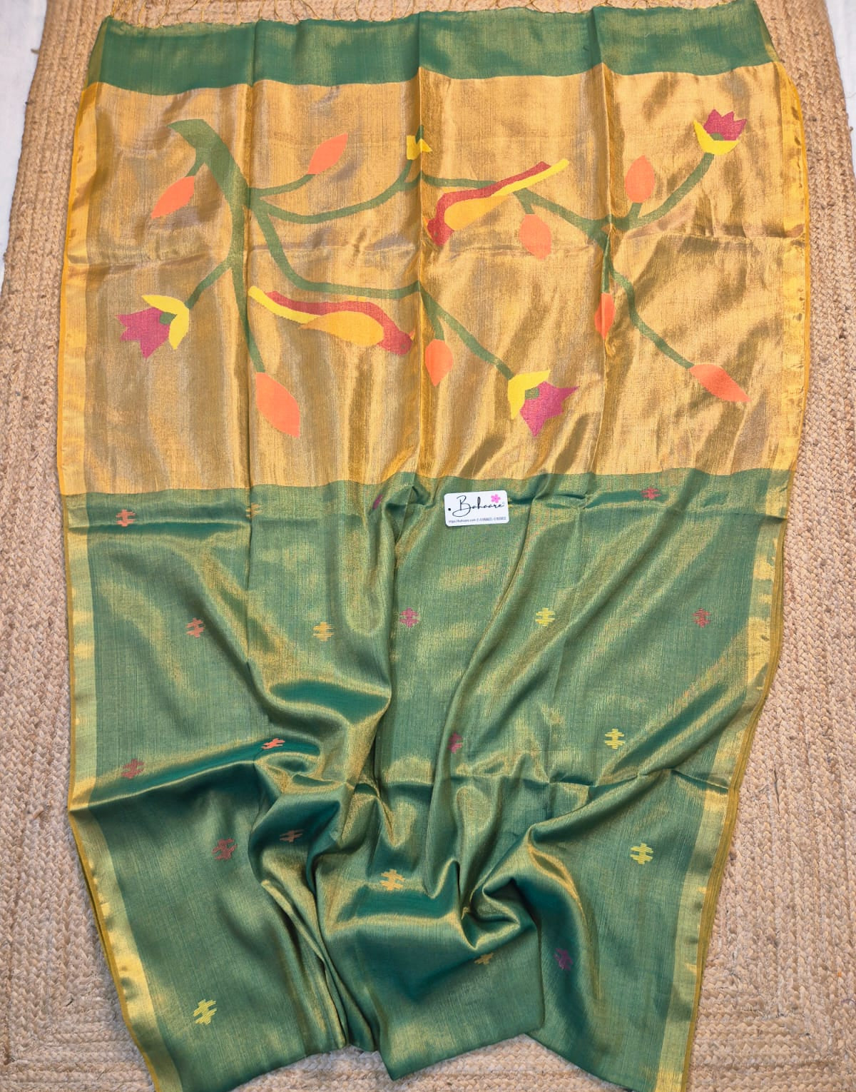 Springtime Serenity | Leafy Radiance Tissue Linen Saree with Paithani Motif