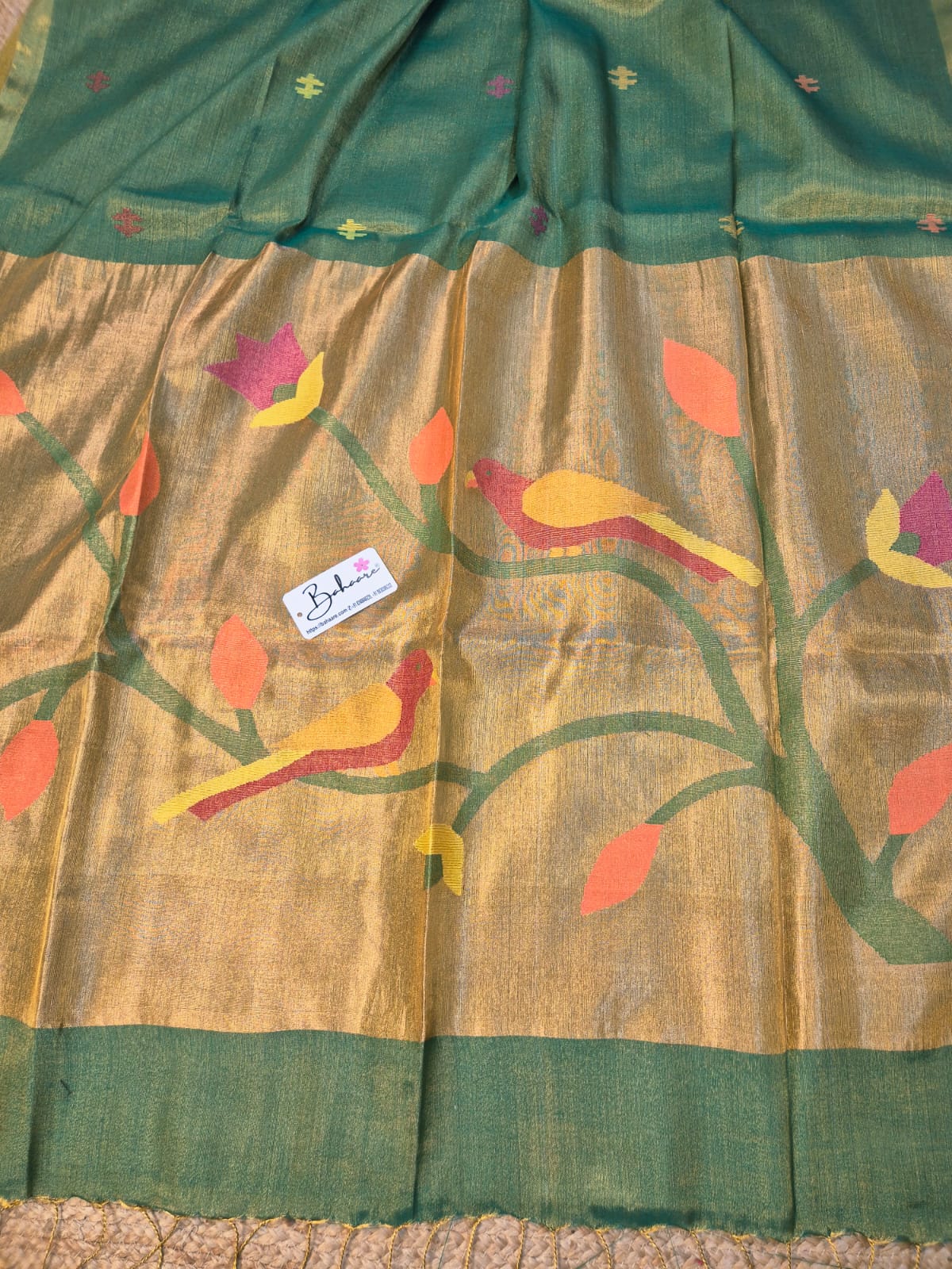 Springtime Serenity | Leafy Radiance Tissue Linen Saree with Paithani Motif