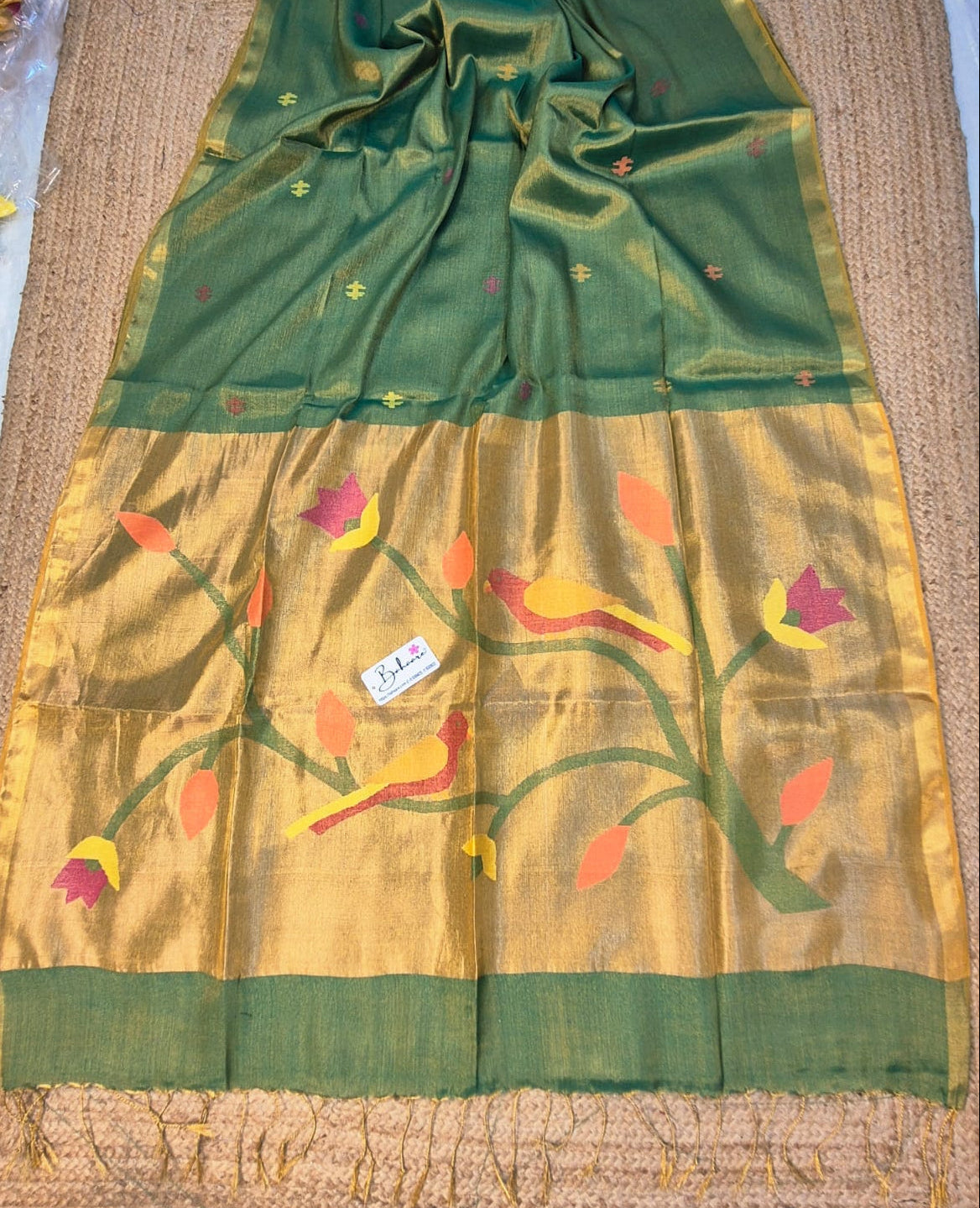 Springtime Serenity | Leafy Radiance Tissue Linen Saree with Paithani Motif