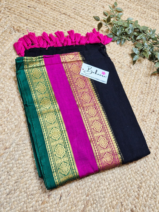 Noor | Royal Black Mul Mul Cotton Saree with Rani Pink and Green Zari Border