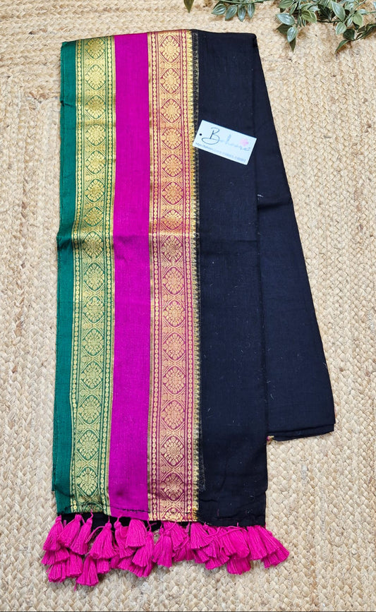 Noor | Royal Black Mul Mul Cotton Saree with Rani Pink and Green Zari Border