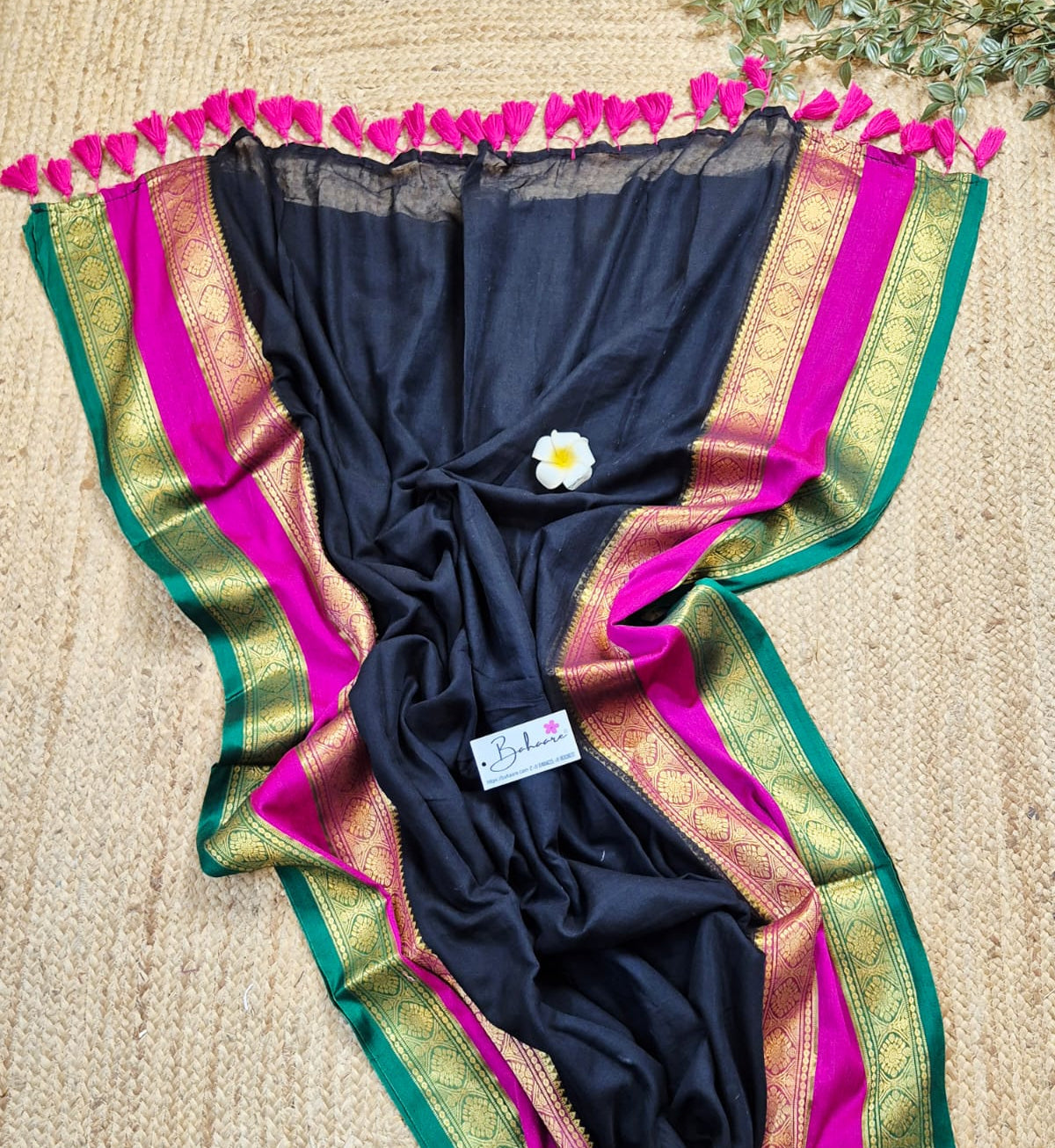 Noor | Royal Black Mul Mul Cotton Saree with Rani Pink and Green Zari Border
