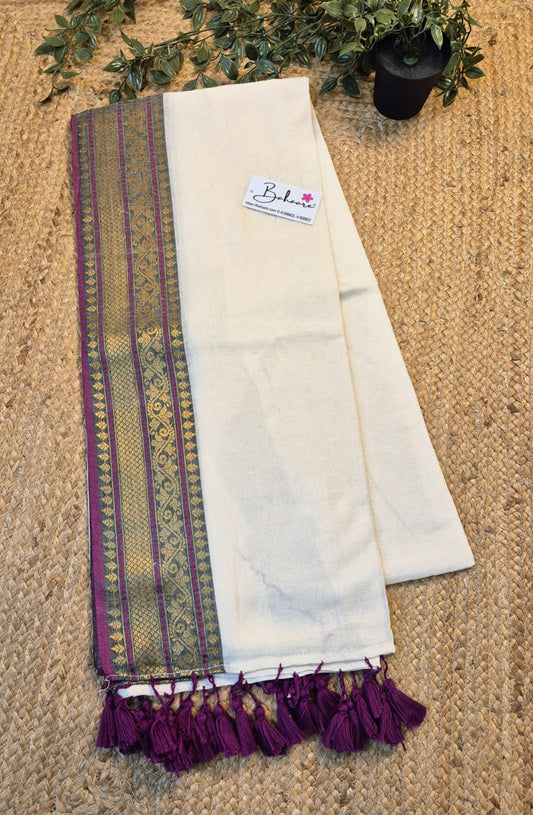 Noor | Classic Off White Mul Mul Cotton Saree with Purple Zari Border