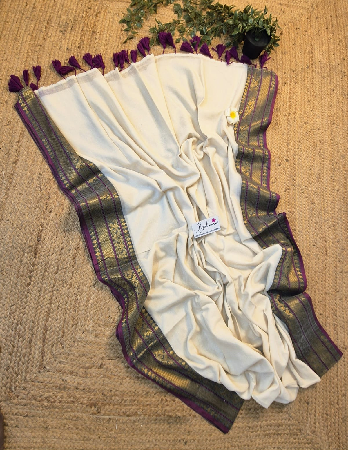 Noor | Classic Off White Mul Mul Cotton Saree with Purple Zari Border