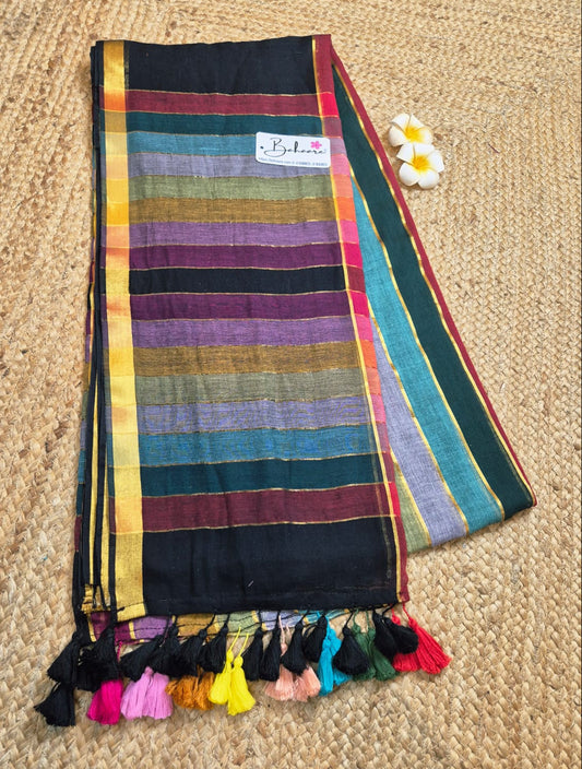 Noor | Party Black Mul Mul Cotton Saree with Rainbow Stripe