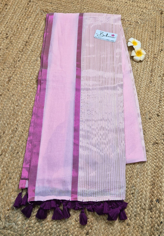 Noor | Soft Pink Mul Mul Cotton Saree with Magenta Border