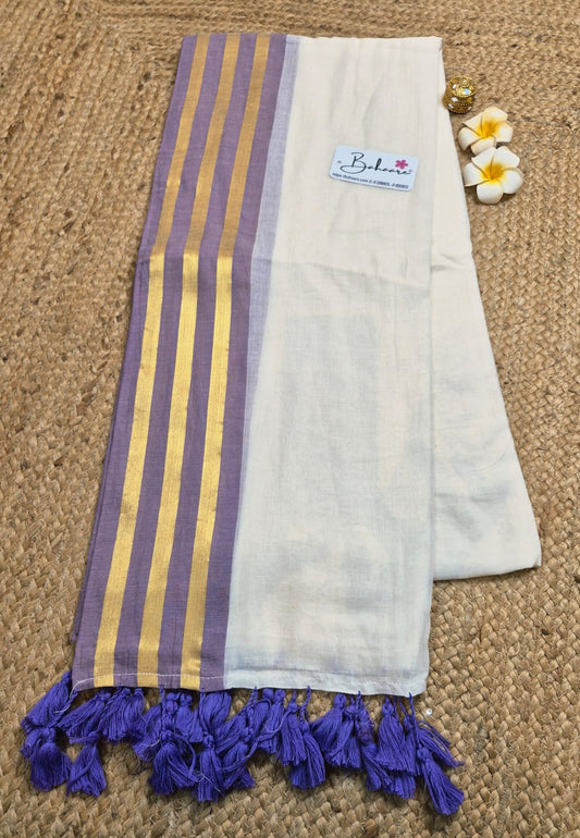Mohini | Classy Off White Mul Mul Cotton Saree with Lavender and Golden Border