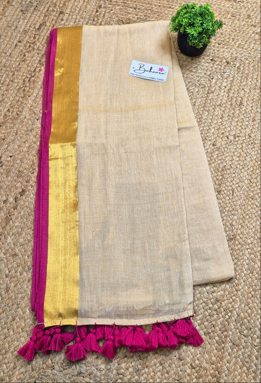 Mohini | Blush Beige Mul Mul Cotton Saree with Rani and Golden Zari Border