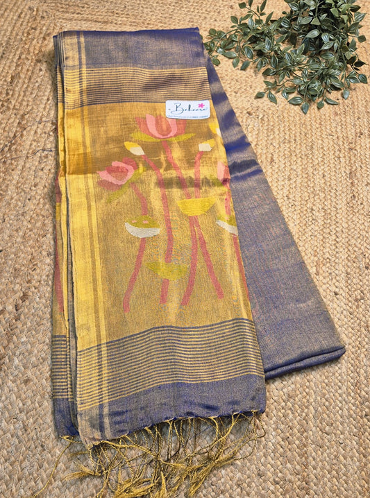 Springtime Serenity | Metallic Blue Tissue Linen Saree with Paithani Motif