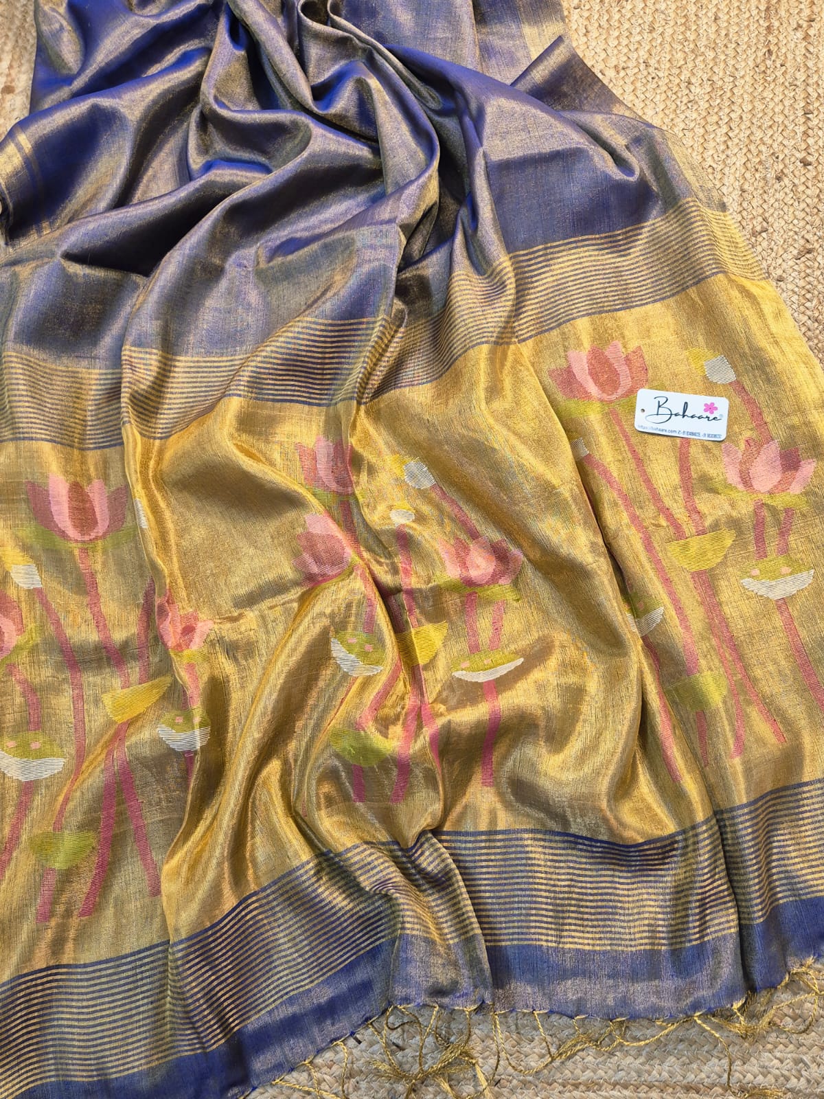 Springtime Serenity | Metallic Blue Tissue Linen Saree with Paithani Motif