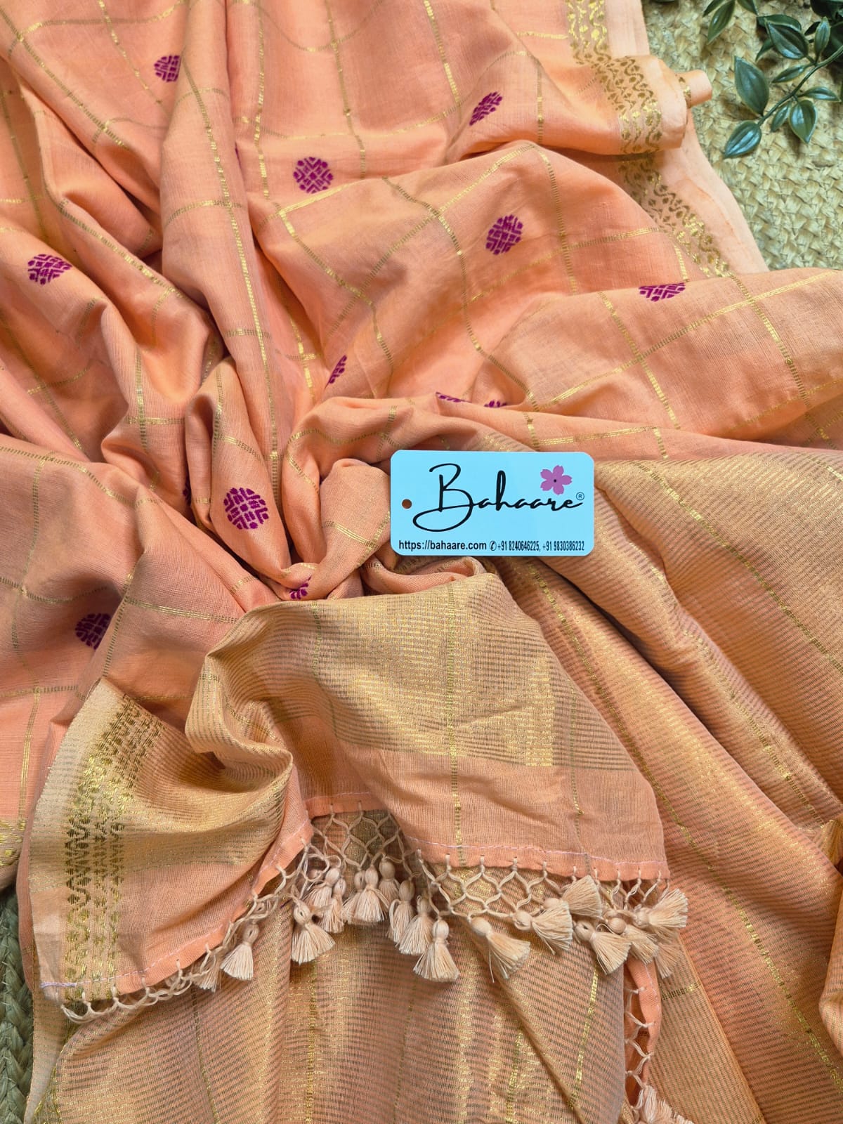 Cotton Galleria | Peach Hand Woven Premium Cotton Saree with Floral Buti