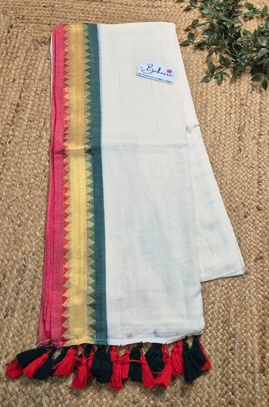 Mohini | Off White Mul Mul Cotton Saree with Multicoloured Border