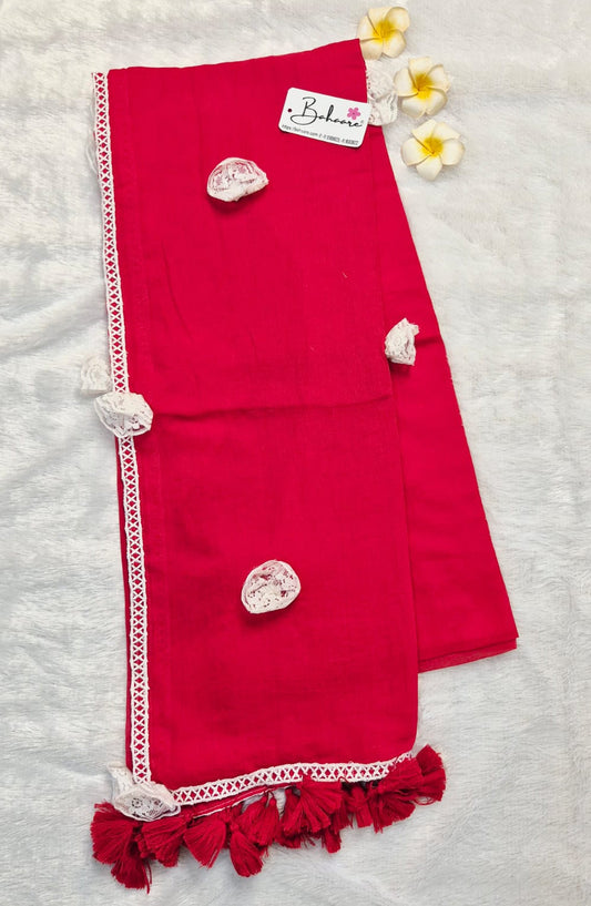 Mohini | Festive Red Mul Mul Cotton Saree