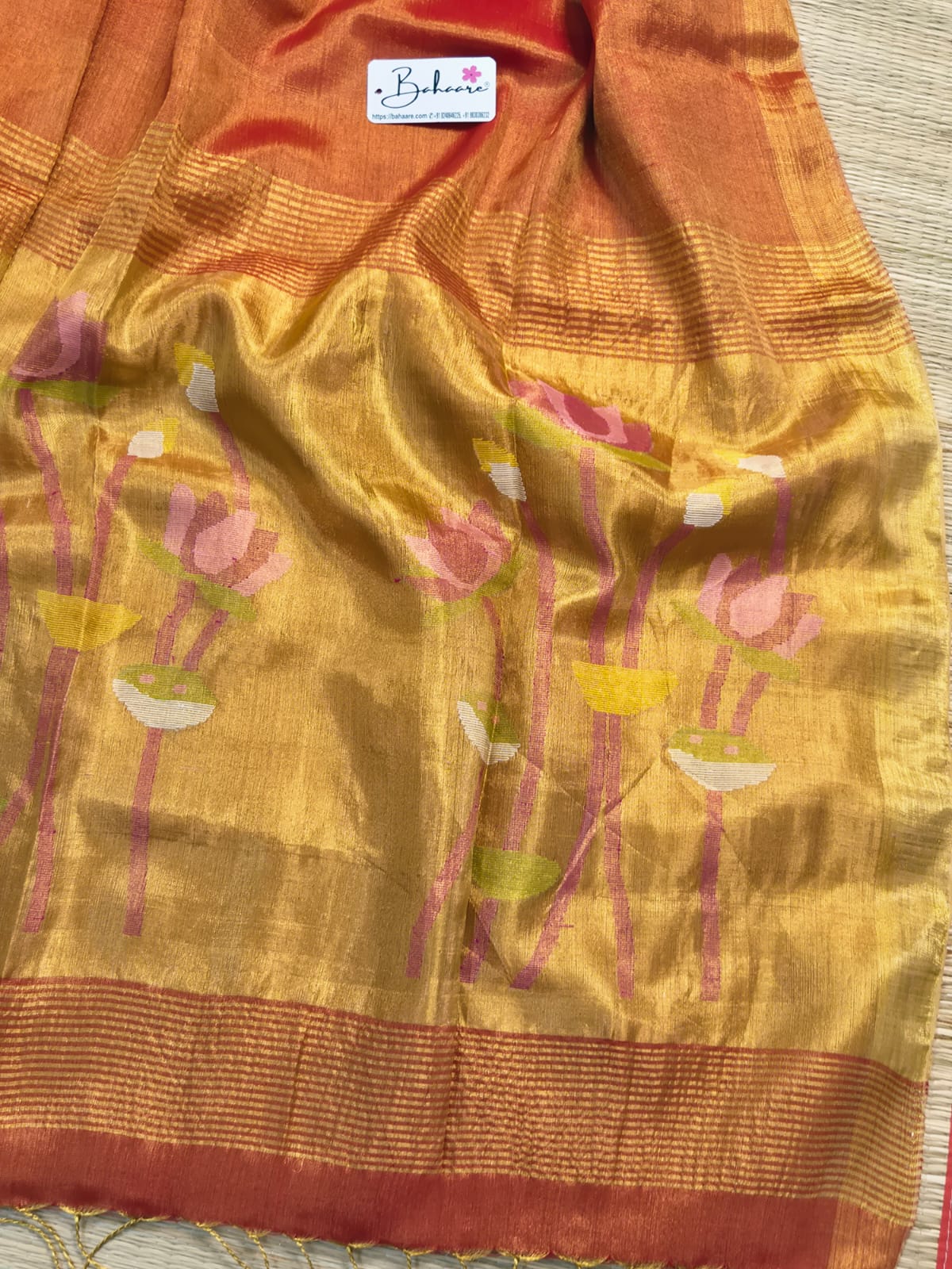 Springtime Serenity | Molten Red Tissue Linen Saree with Paithani Motif