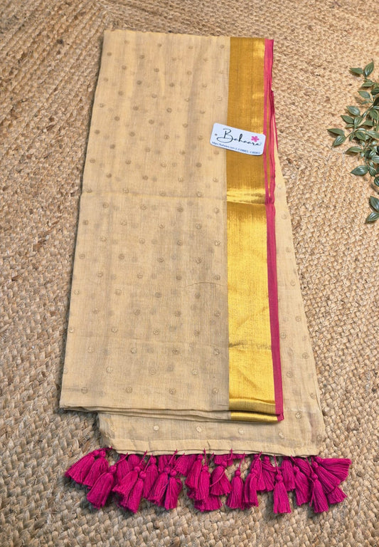 Polka Passion | Ivory Beige Mul Mul Cotton Polka Dots Saree with Golgen Zari and Rani Pink Border