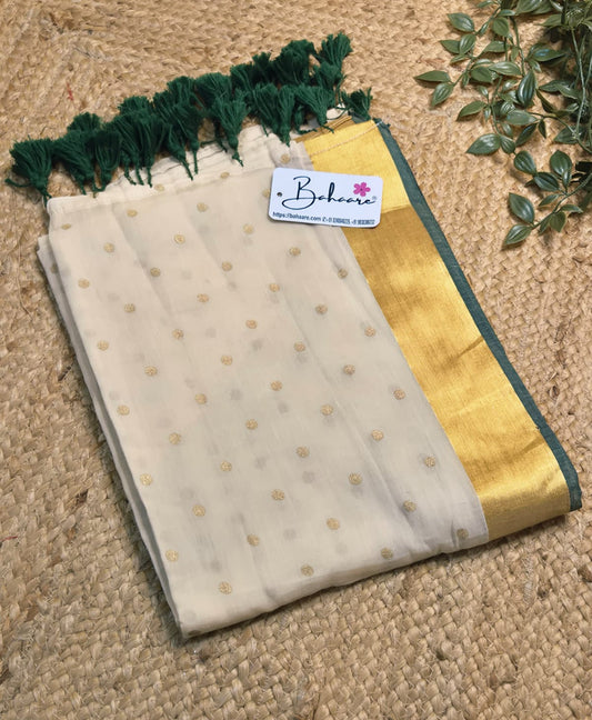 Polka Passion | Handcrafted Beige Mul Mul Cotton Polka Dots Saree with Golgen Zari and Green Border