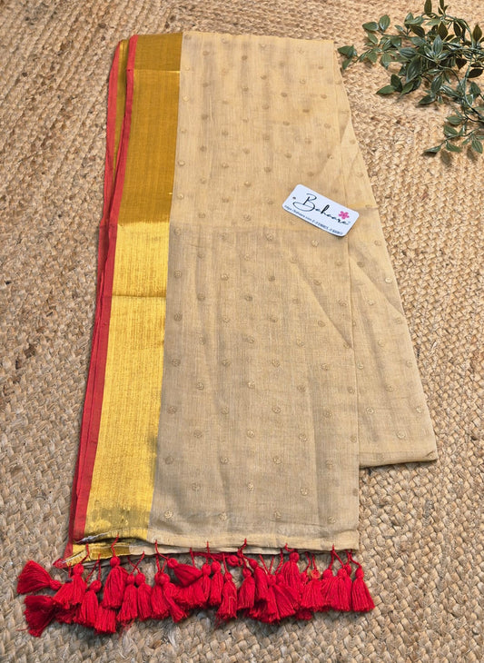 Polka Passion | Classic Beige Mul Mul Cotton Polka Dots Saree with Golgen Zari and Red Border