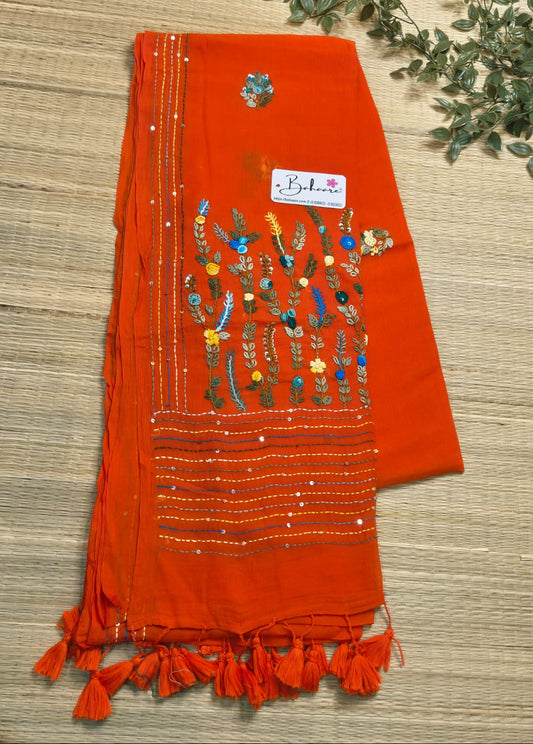 Mohini | Tangerine Orange Mul Mul Cotton Saree with Handcrafted Bullion Stich