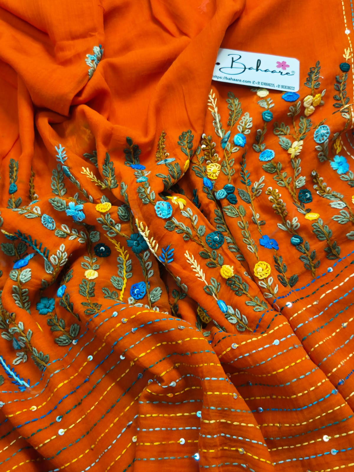 Mohini | Tangerine Orange Mul Mul Cotton Saree with Handcrafted Bullion Stich