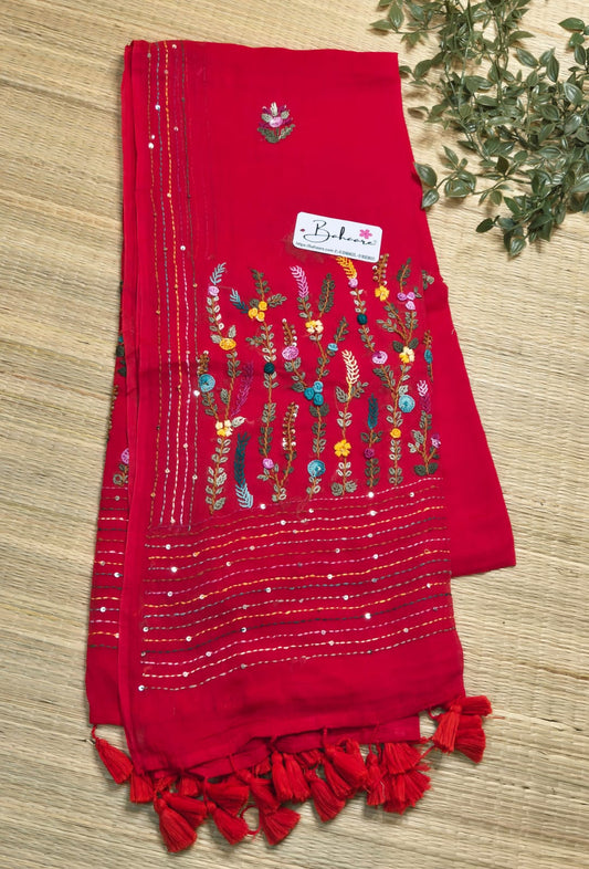 Mohini | Blush Red Mul Mul Cotton Saree with Handcrafted Bullion Stich