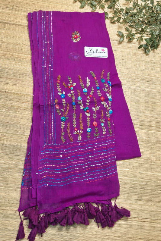 Mohini | Purple Dual Tone Mul Mul Cotton Saree with Handcrafted Bullion Stich