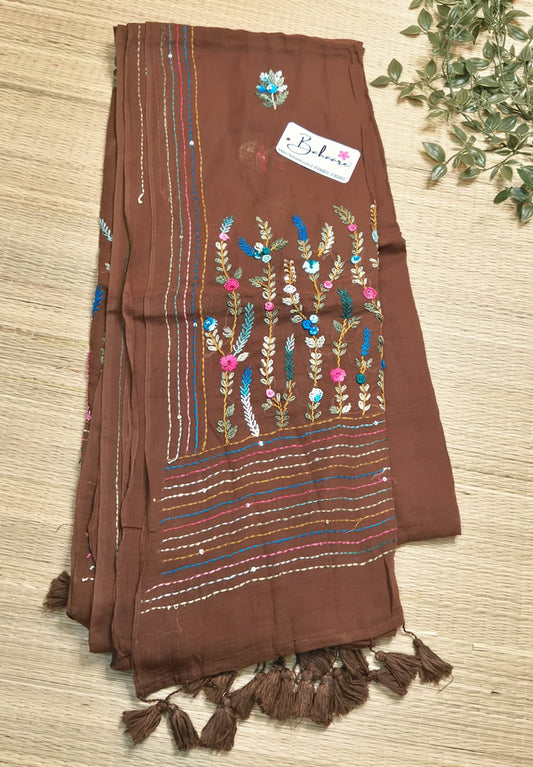 Mohini | Chocolate Brown Mul Mul Cotton Saree with Handcrafted Bullion Stich