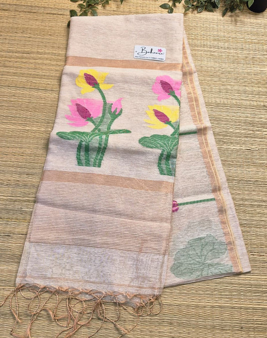 Springtime Serenity | White Gold Tissue Linen Saree with Paithani Motif