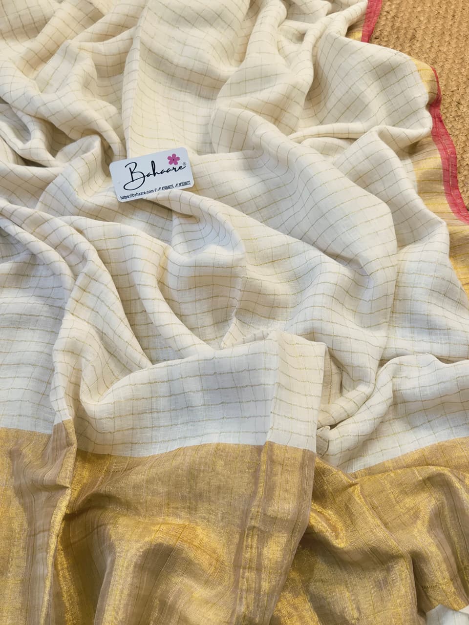 Woodland Whispers | Classic Off White Linen Saree with Golden Zari Border