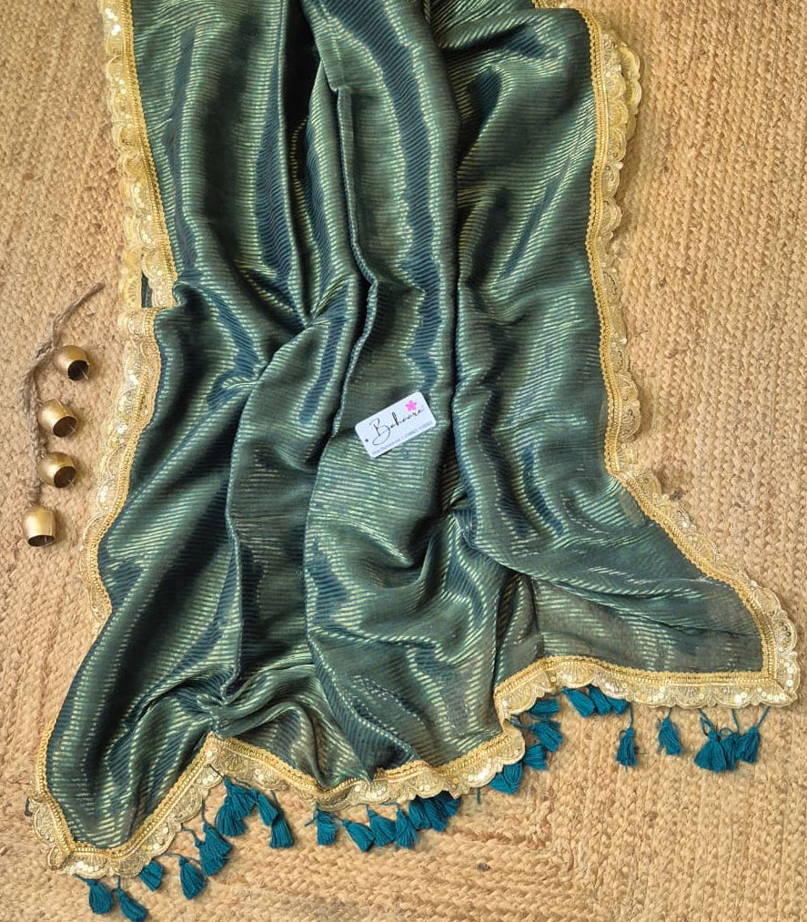 Noor | Mystic Teal Green Mul Mul Cotton Saree with Designer Golden Zari Lace