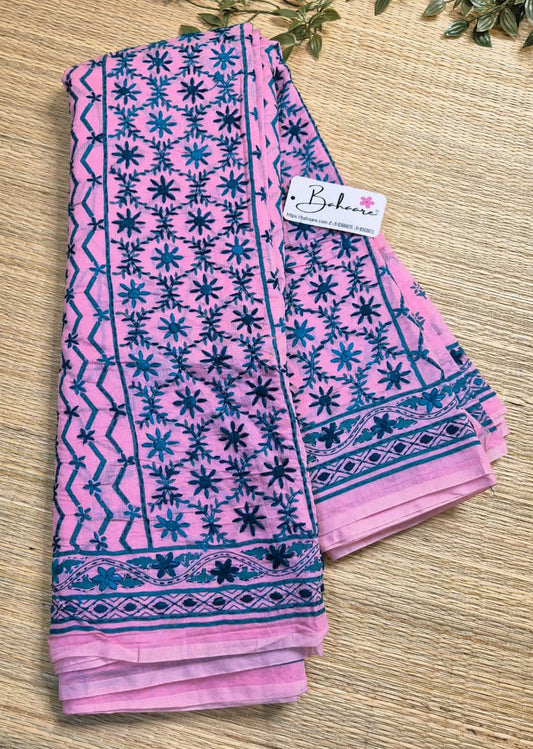 Cotton Galleria | Pastel Baby Pink Phulkari Hand Embroidery Chanderi Cotton-Silk Saree