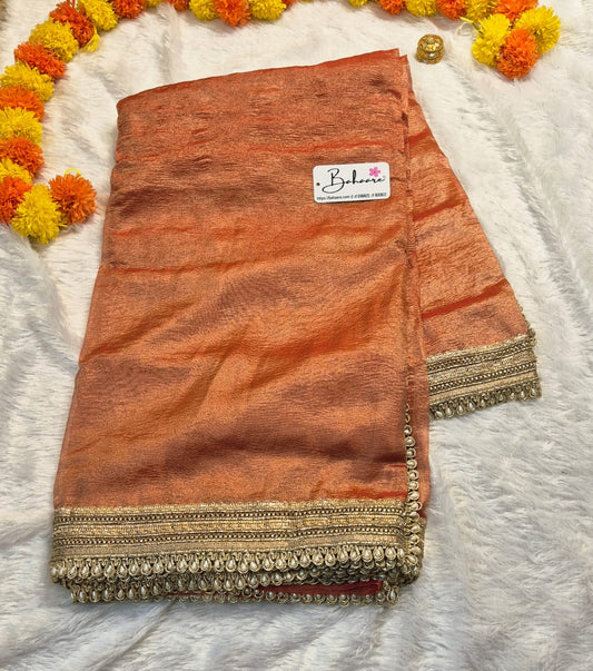 Utsav | Burnt Orange Crushed Tissue Saree with Lace