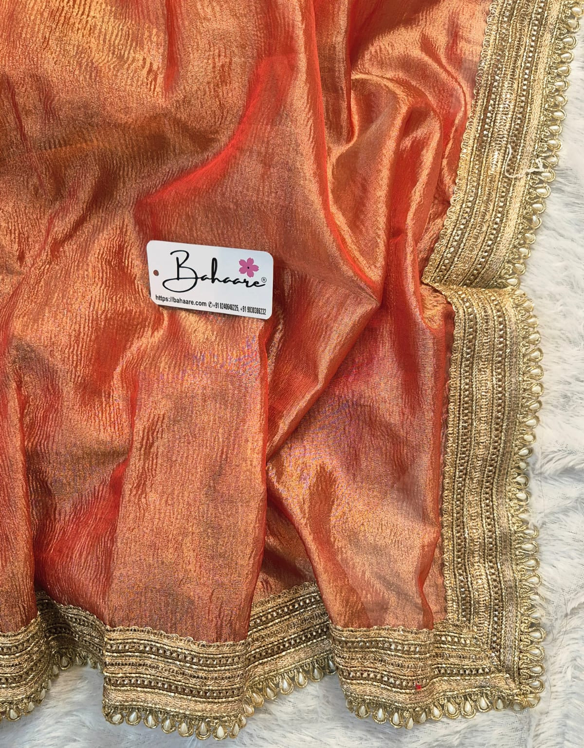 Utsav | Burnt Orange Crushed Tissue Saree with Lace