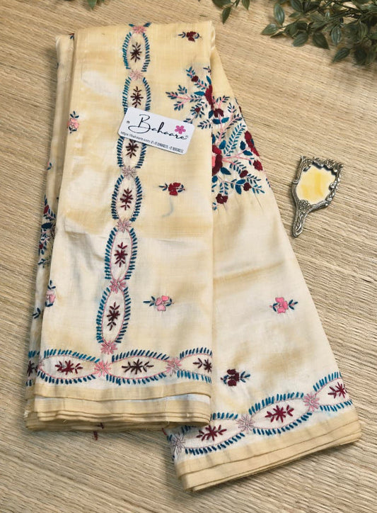Cotton Galleria | Soft Beige Chanderi Cotton-Silk Saree with Heritage Kantha Motif