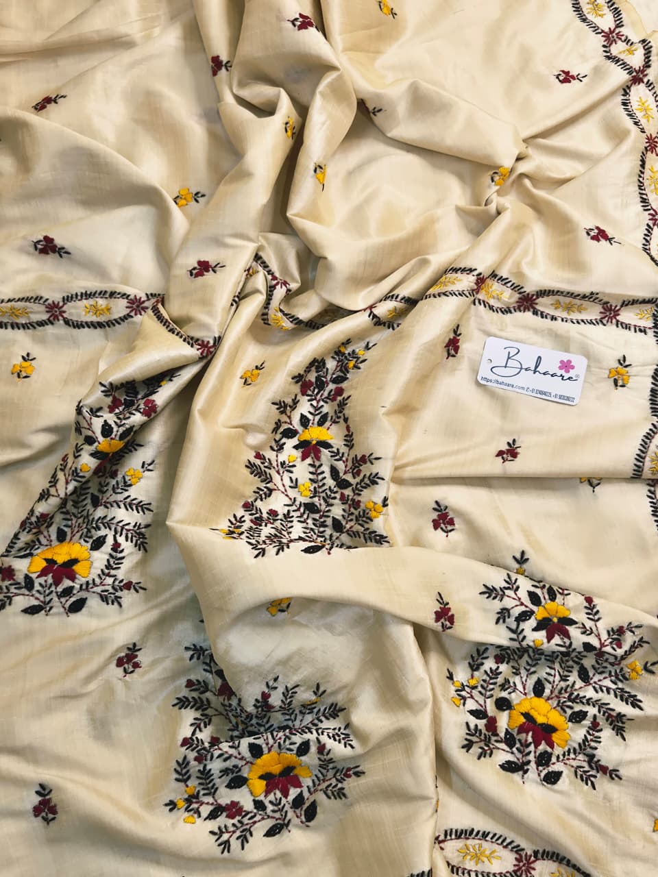 Cotton Galleria | Creamy Latte Chanderi Cotton-Silk Saree with Heritage Kantha Motif