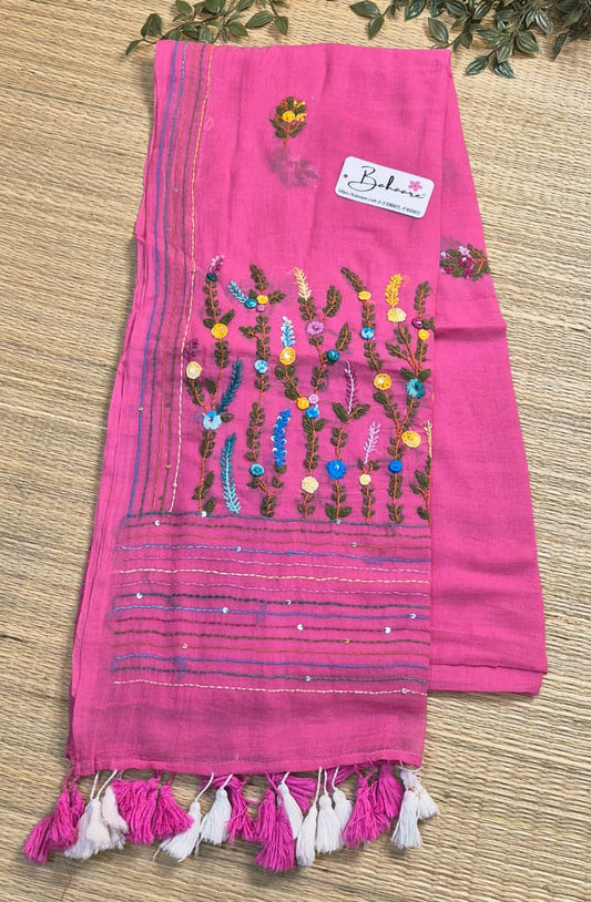 Mohini | Rose Radiance Mul Mul Cotton Saree with Handcrafted Bullion Stich