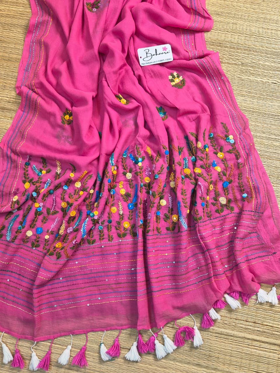 Mohini | Rose Radiance Mul Mul Cotton Saree with Handcrafted Bullion Stich