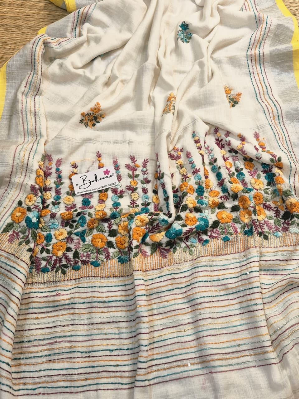 Woodland Whispers | Classic Ivory Linen Saree with Handcrafted Bullion Stich