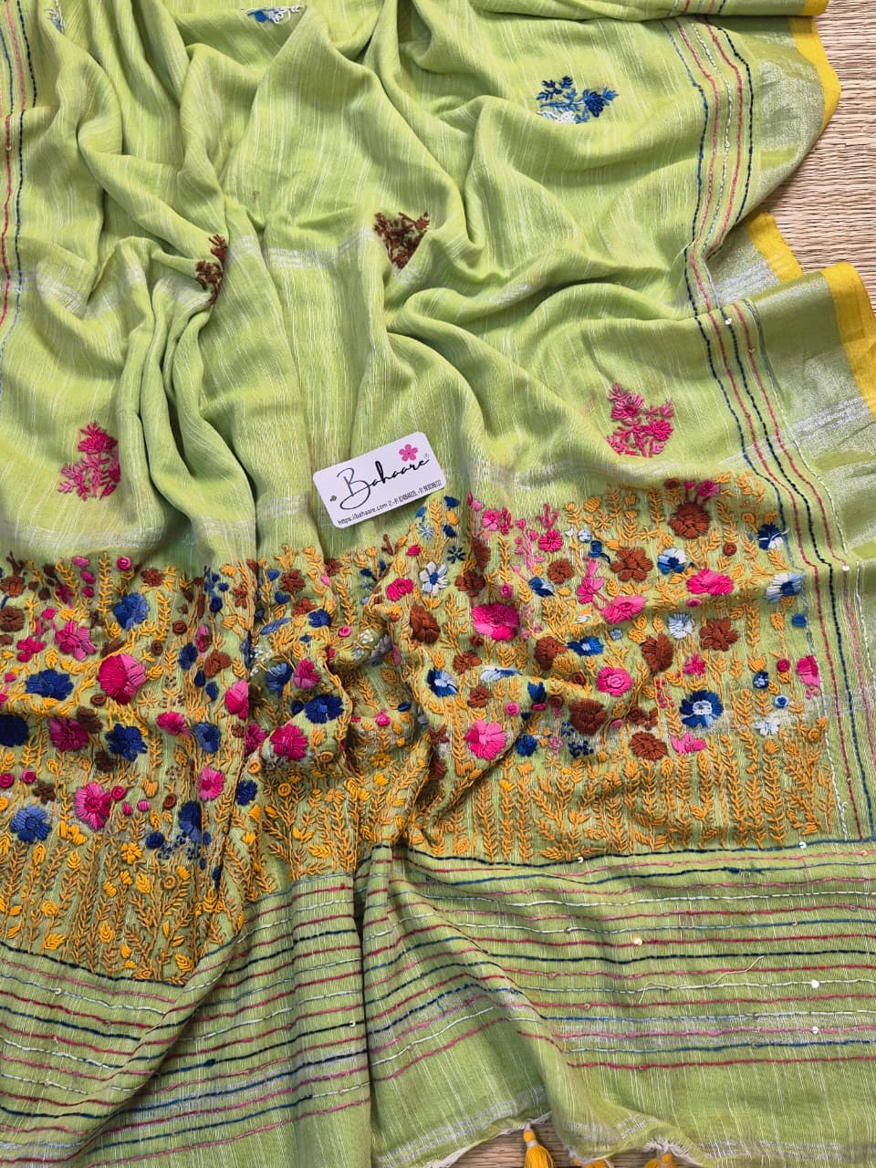 Woodland Whispers | Soft Lemon Green Linen Saree with Handcrafted Bullion Stich