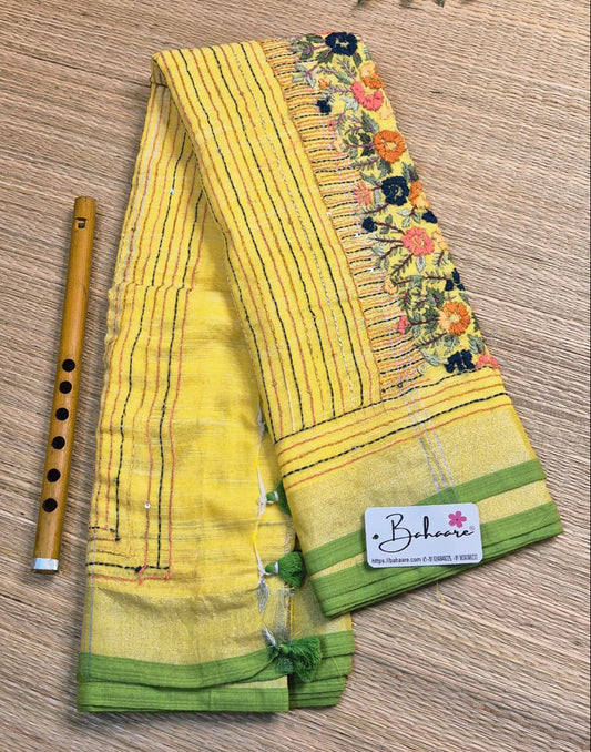 Woodland Whispers | Glow Yellow Linen Saree with Handcrafted Bullion Stich
