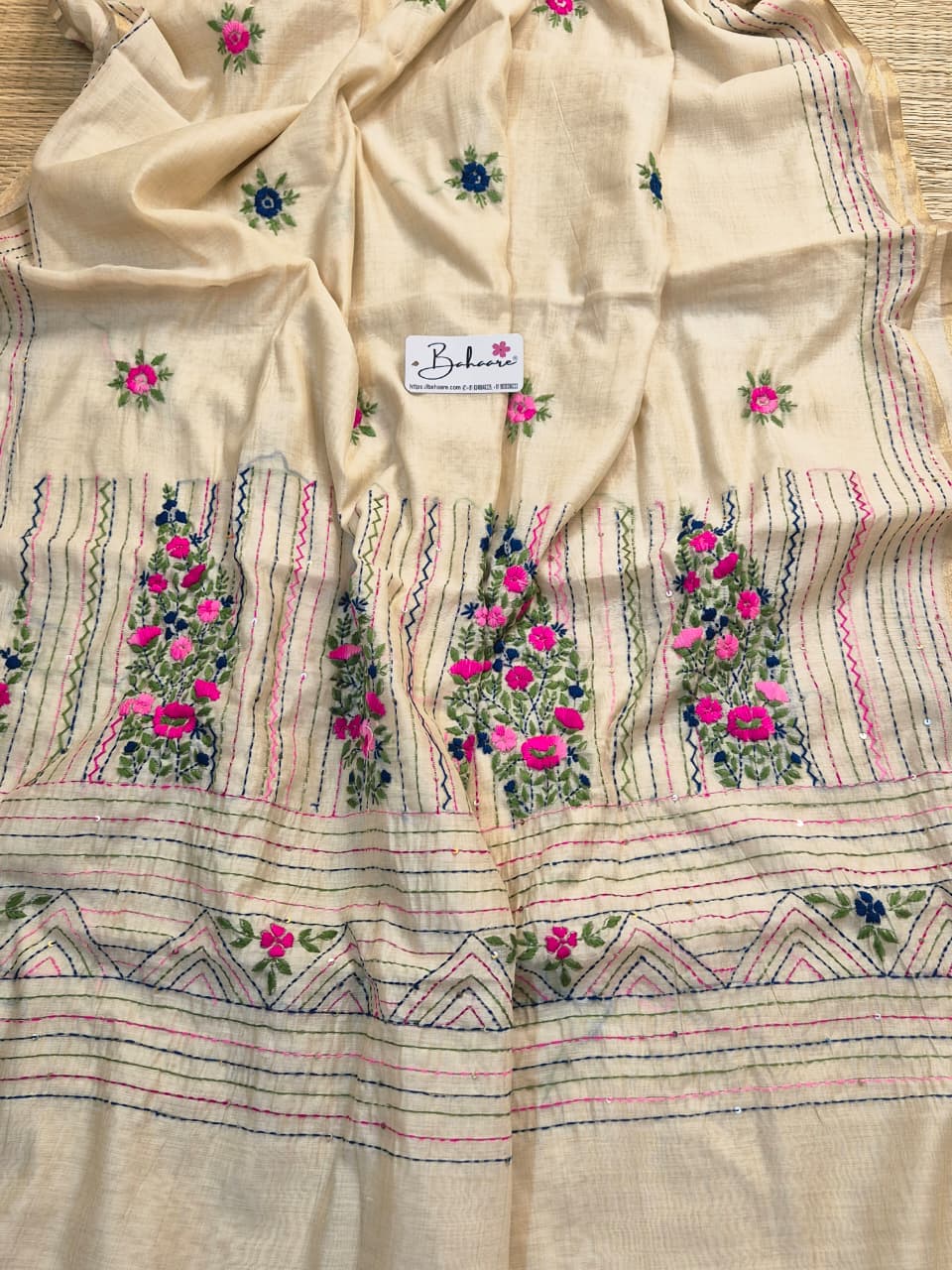 Utsav | Cream Beige Chanderi Silk Saree with Handcrafted Bullion Stich