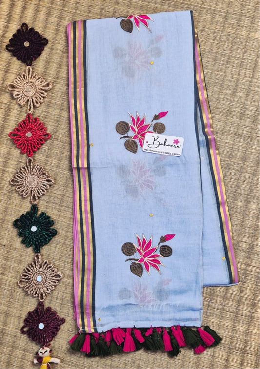 Noor | Pastel Blue Mul Mul Cotton Saree with Gota Patti Embroidery