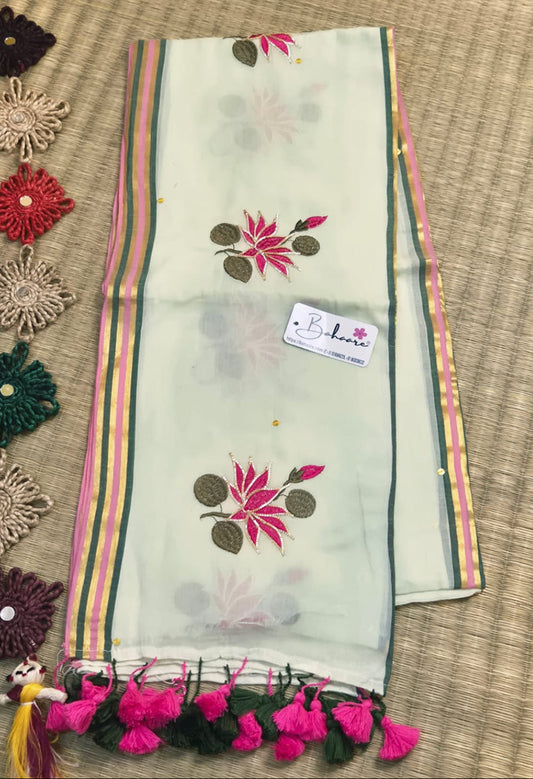 Noor | Mint Green Mul Mul Cotton Saree with Gota Patti Embroidery
